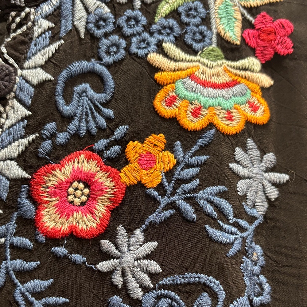 Johnny Was Black lightweight Blouse with Multicolor Embroidery XL tie at neck - Picture 13 of 15